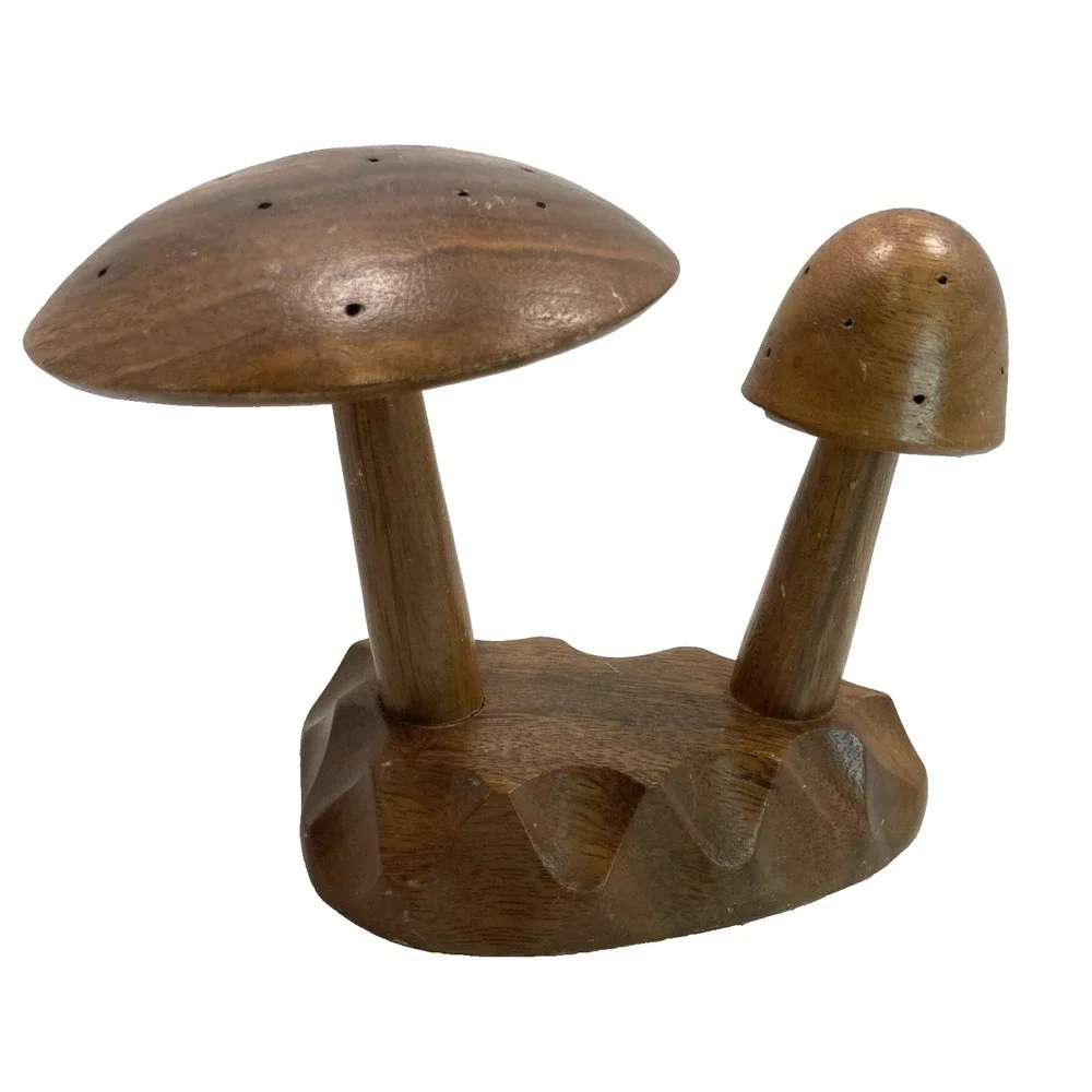 Vtg Mushroom MCM Monkey Pod Wood Tree Philippines 60s Appetizer Toothpick Holder